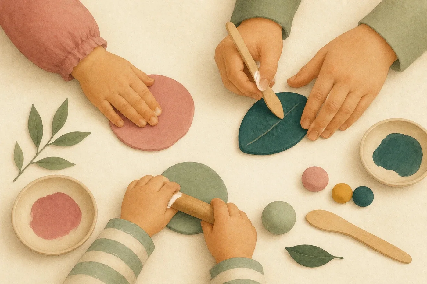 Mani di bambini al lavoro con argilla, foglie e colori
