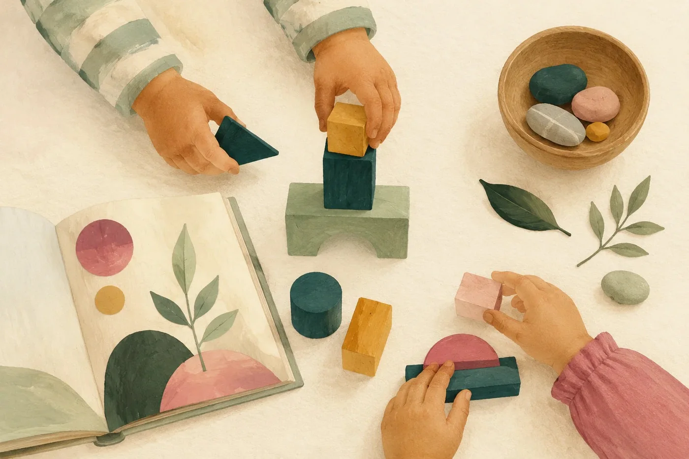 Materiali di gioco: costruzioni in legno, libro e piccoli oggetti naturali