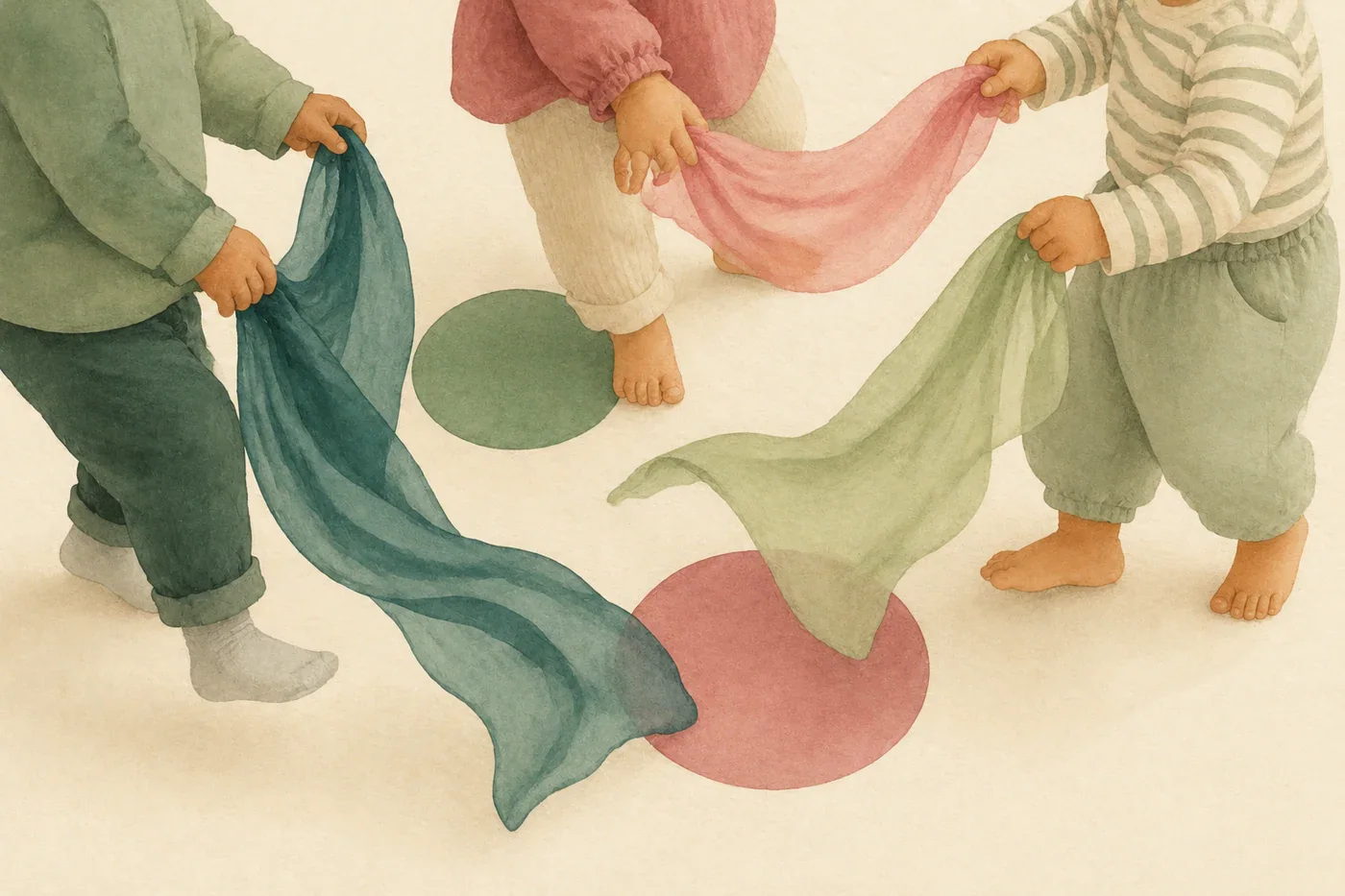 Bambini che giocano con teli colorati durante un’attività di movimento