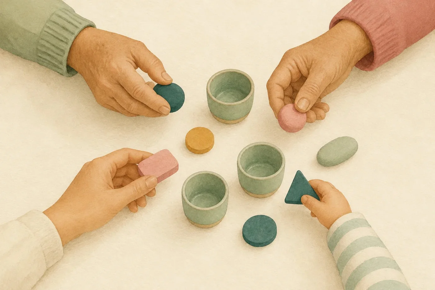 Mani di bambini e di persone anziane attorno a piccole tazze