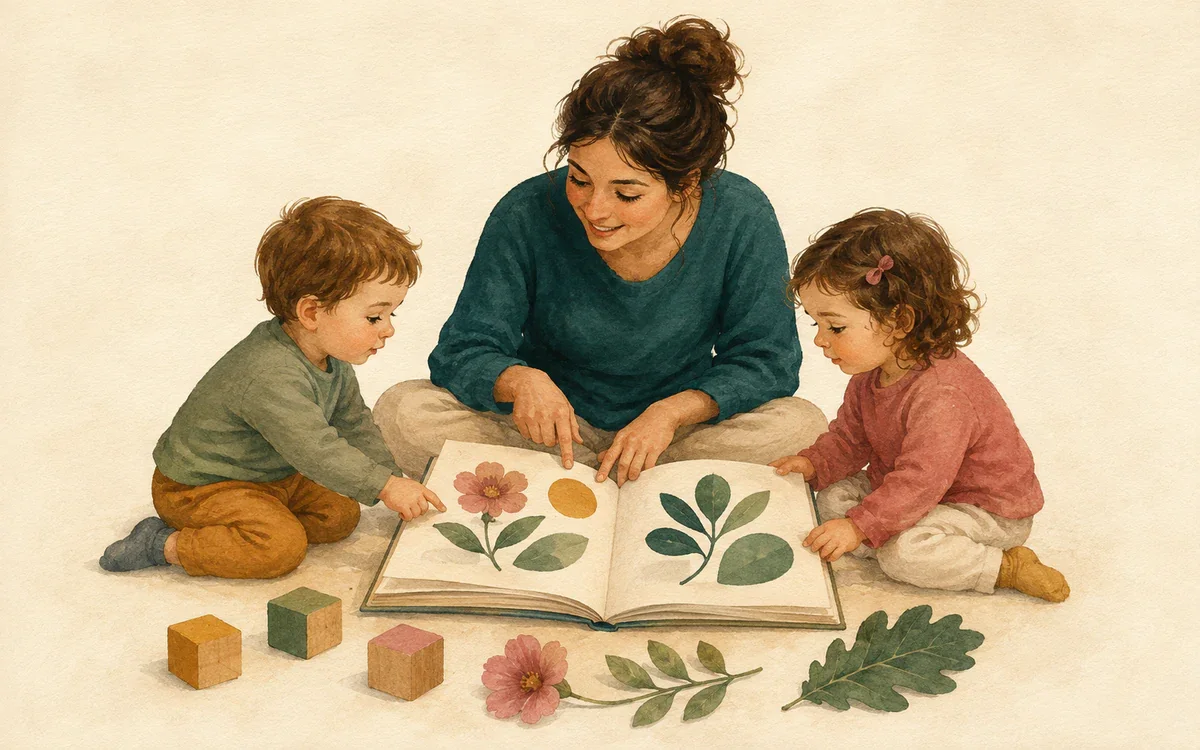 Un’educatrice con un bambino e una bambina durante una lettura condivisa