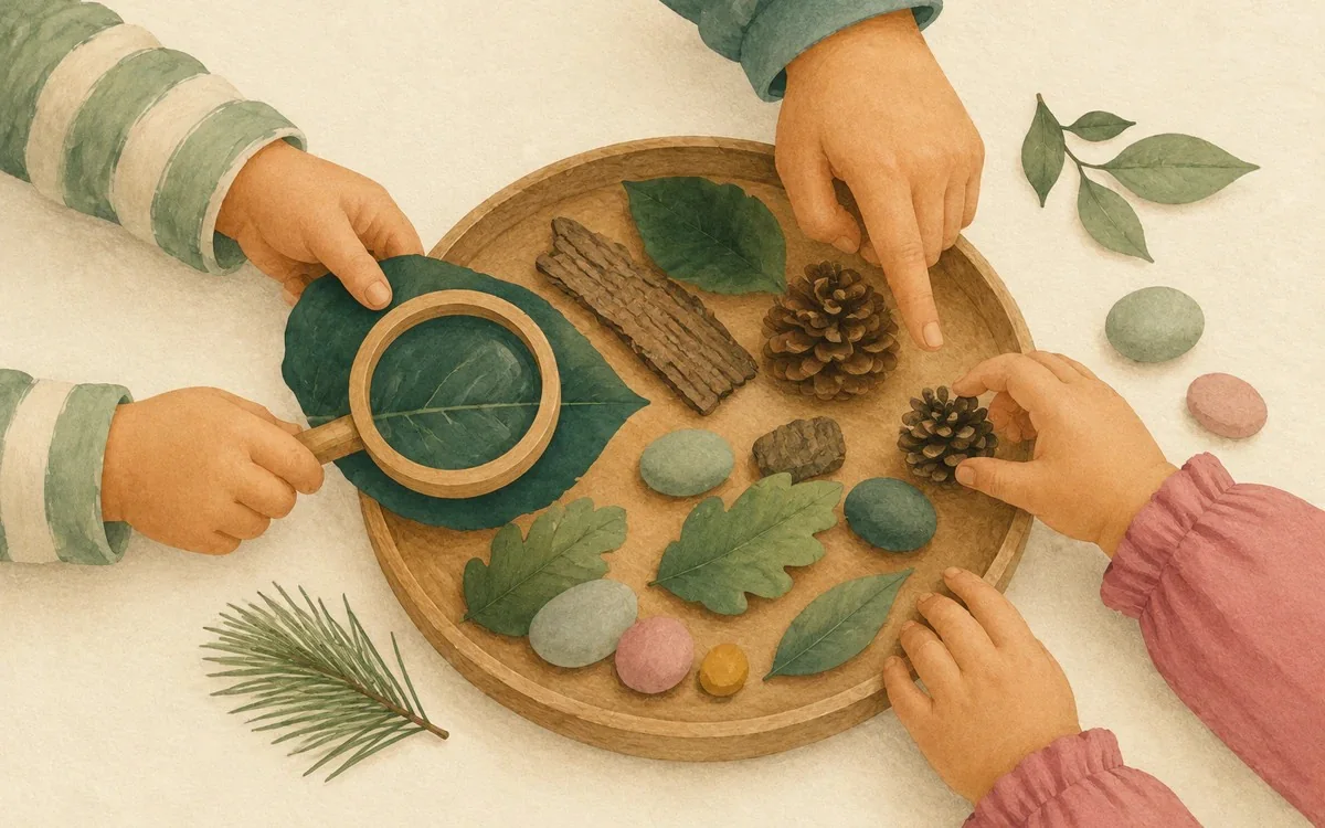 Mani di bambini che esplorano foglie, pigne e materiali naturali