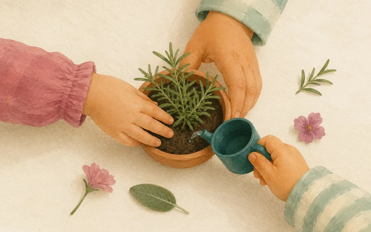 Mani di bambini e di un’educatrice che curano una pianta aromatica